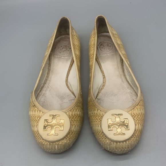 TORY BURCH Reva Raffia White Straw Natural Woven Gold Logo Ballet Flat Size 8 - Picture 4 of 6